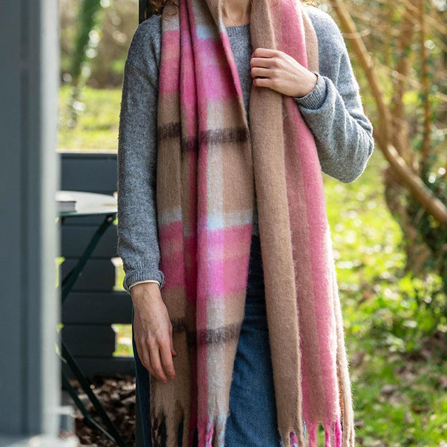 Taupe and Pink Cosy Check Scarf