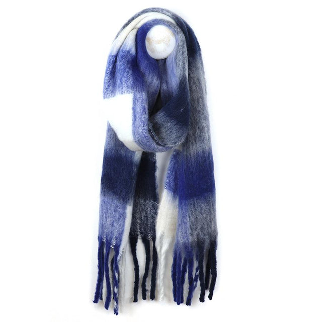 Royal Blue Check Fluffy Fringed Scarf