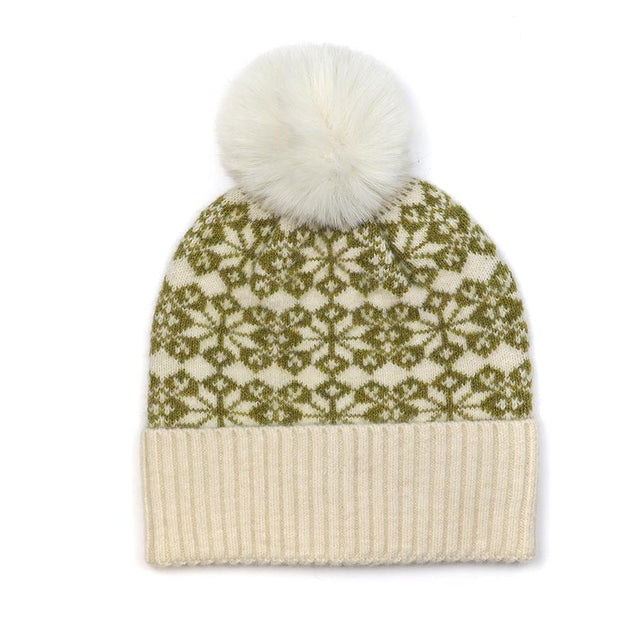 Olive Green & Cream Mix Scandi Star Flower Hat With Faux Fur Pompom