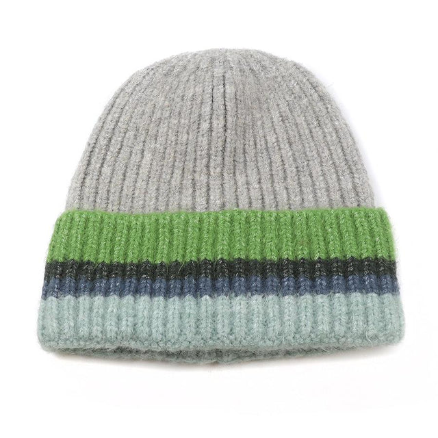 Denim, Grey and Green Mix Multi Stripe Rib Turn Up Beanie Hat