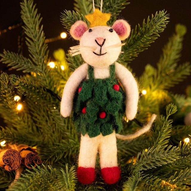 Mouse in Holly Dress Felt Hanging Decoration