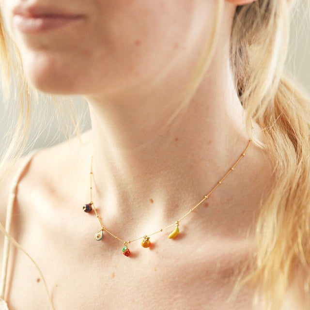 Enamel Fruit Charm Necklace in Gold