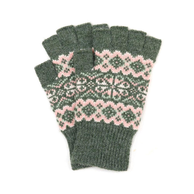 Sage and Pink Patterned Knit Fingerless Gloves