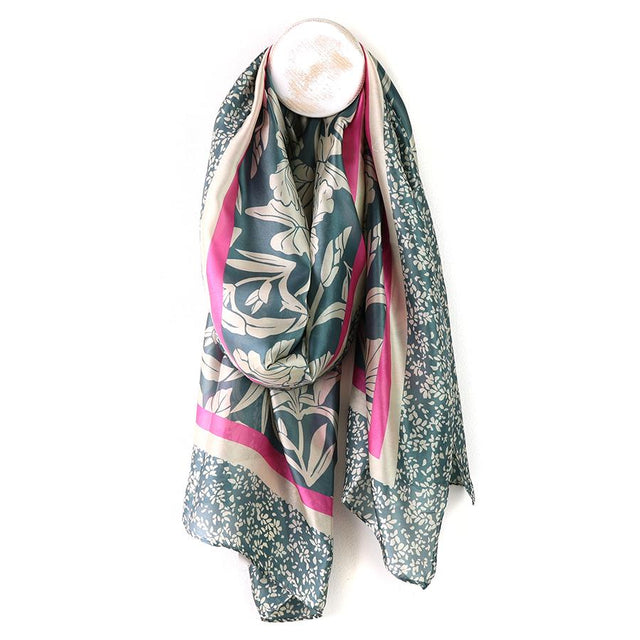 Seafoam Flower and Pink Border Print Scarf