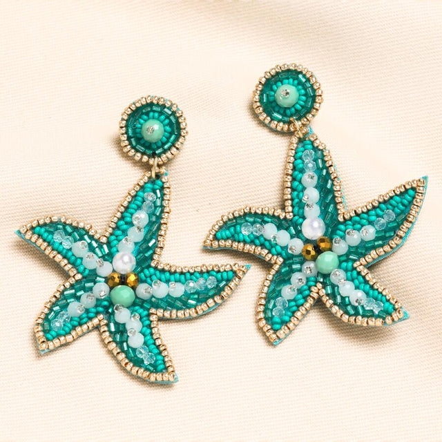 Beaded Blue Starfish Drop Earrings