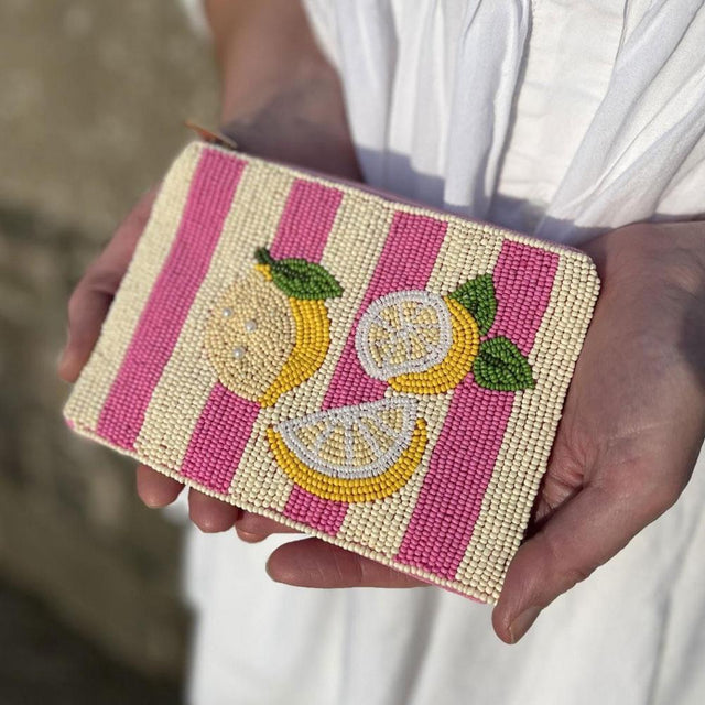 Lemon and Pink Stripes Beaded Purse