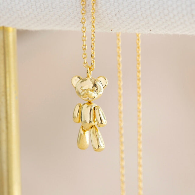 Gold Dancing Teddy Bear Pendant Necklace