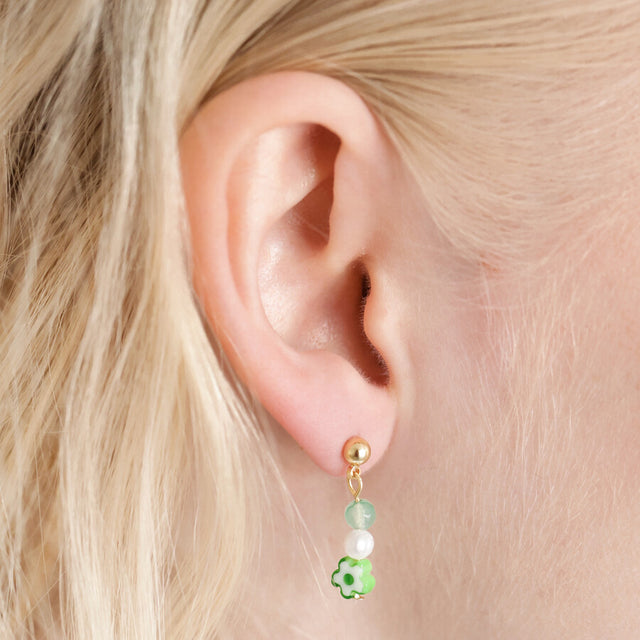 Millefiori Green Flower Bead Drop Earrings