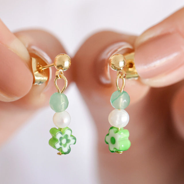 Millefiori Green Flower Bead Drop Earrings