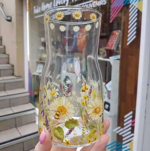 Daisy and Bee Print Glass Water Carafe