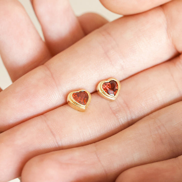 Red Stone Heart Stud Earrings in Gold