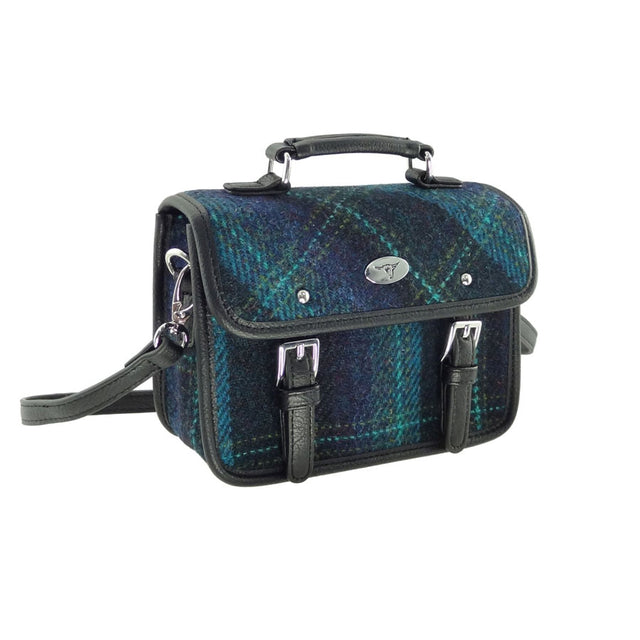 Harris Tweed Bervie Mini Satchel in Blue with Turquoise Overcheck