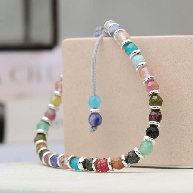 Cord and Rainbow Coloured Beads Bracelet in Silver