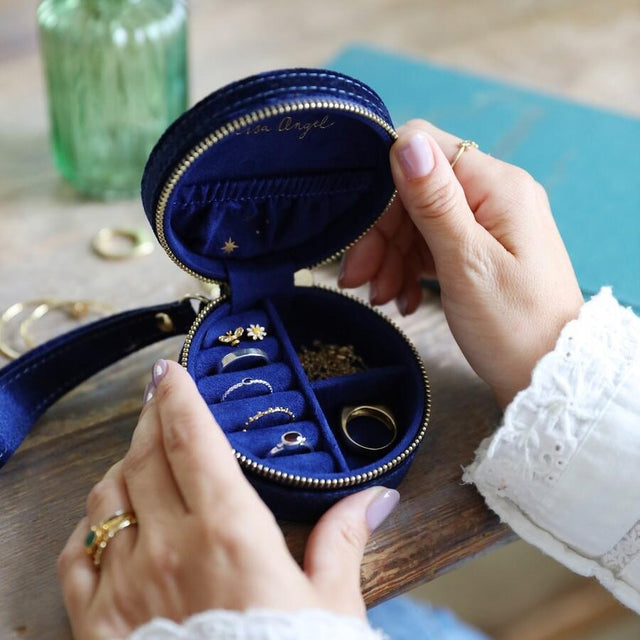 Round Navy Starry Night Velvet Jewellery Case