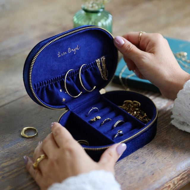 Oval Starry Night Navy Velvet Jewellery Case
