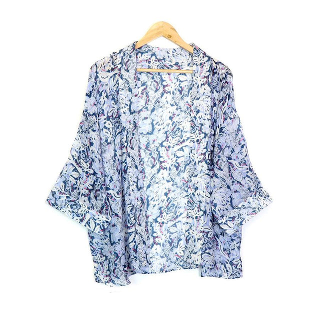 Blue Flowers and Birds Print Kimono