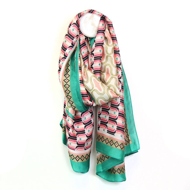 Retro Tile Print Silky Scarf with Jade Green Border