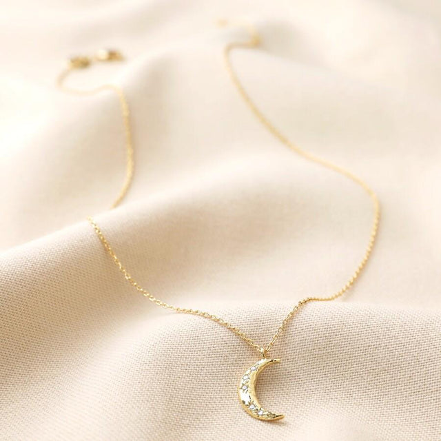 Crystal Crescent Moon Necklace in Gold