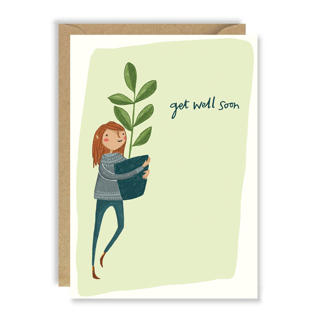 Get Well Girl with Plant Greeting Card