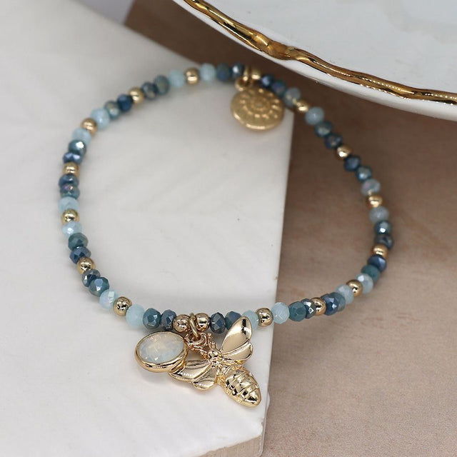 Aqua Crystal Bee Beeaded Charm Bracelet