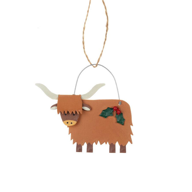Highland Cow with Holly Metal Hanging Decoration
