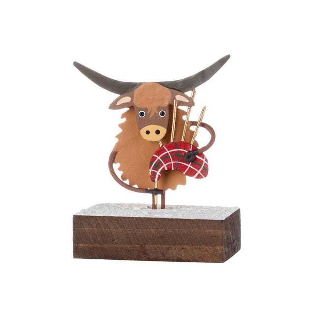 Bagpiping Highland Coo Mini Block Decoration