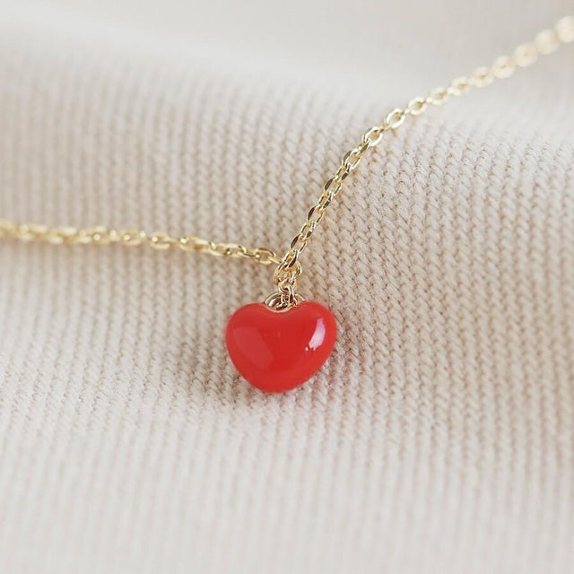 Red Tiny Enamel Heart Necklace in Gold