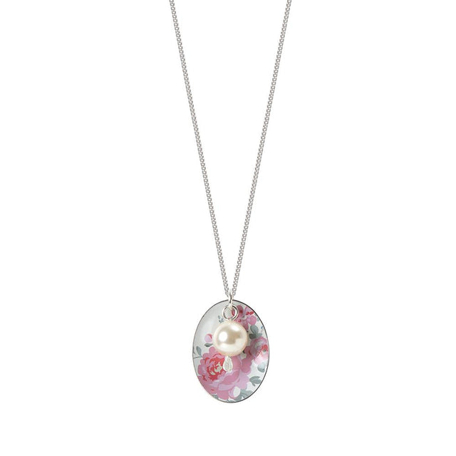 Daphne Floral Oval and Pearl Pendant Necklace