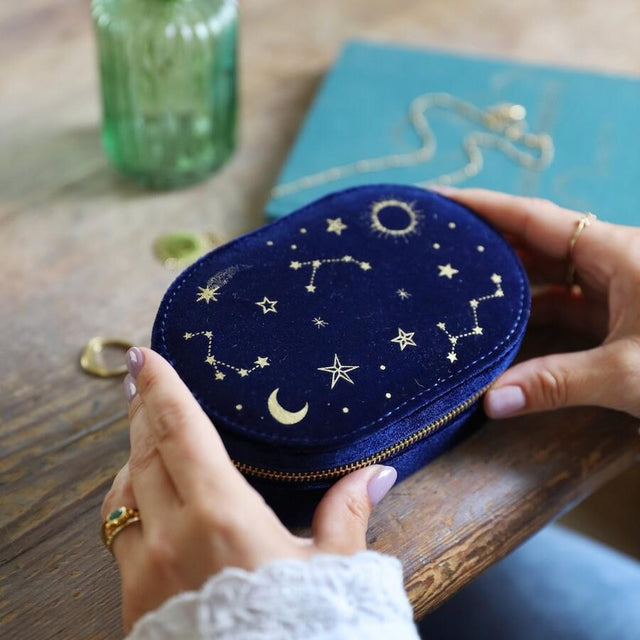 Oval Starry Night Navy Velvet Jewellery Case