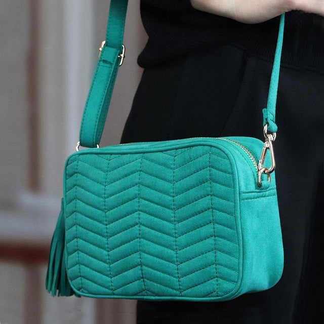Emerald Green Faux Suede Quilted Cross Body Bag