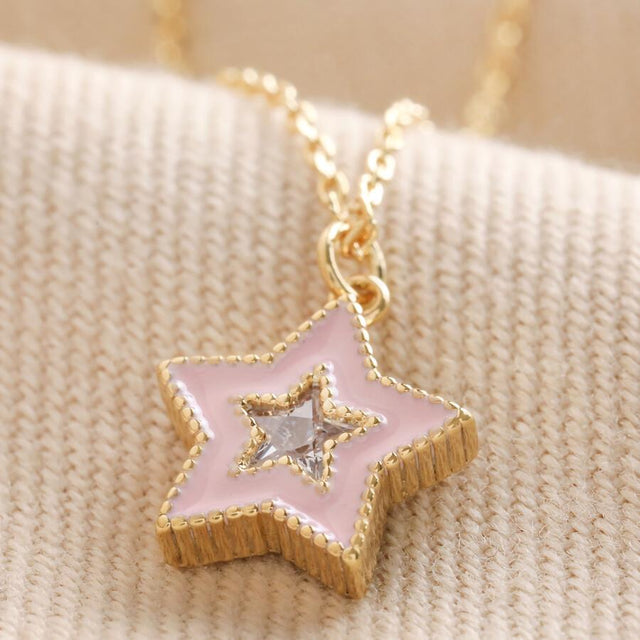 Pink Enamel and Crystal Star Necklace in Gold