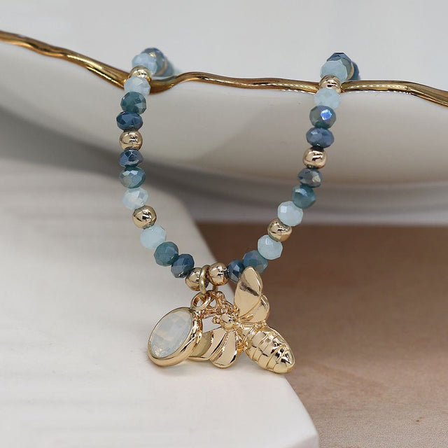 Aqua Crystal Bee Beeaded Charm Bracelet