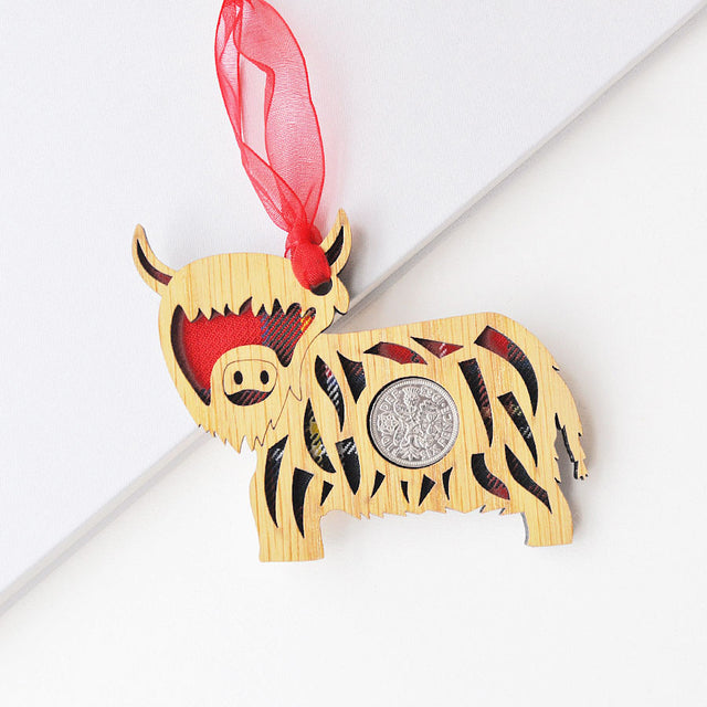 Highland Coo Lucky Sixpence Hanging Decoration