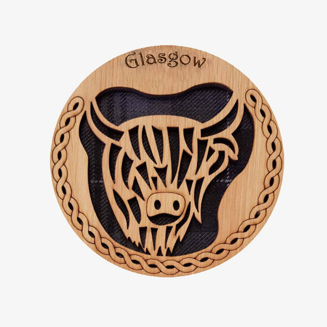 Highland Coo Glasgow Round Wooden Coaster