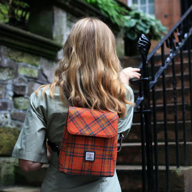 Harris Tweed Mini Backpack in Deep Orange Check