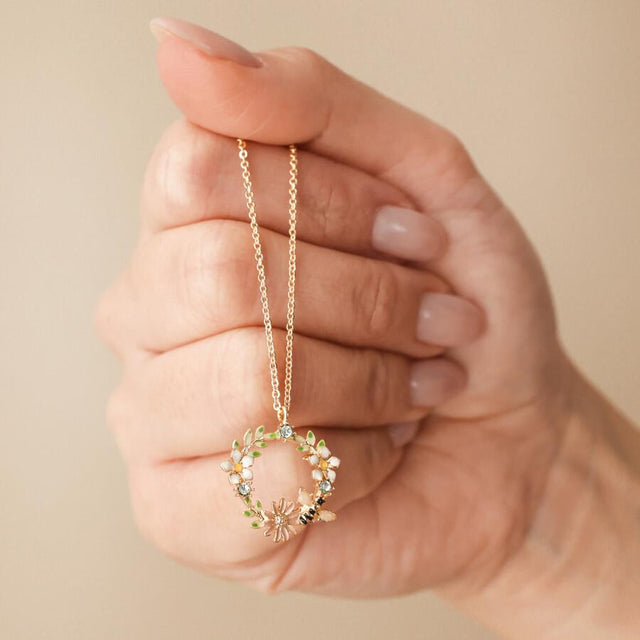 Crystal Flower and Enamel Bee Pendant Necklace in Gold