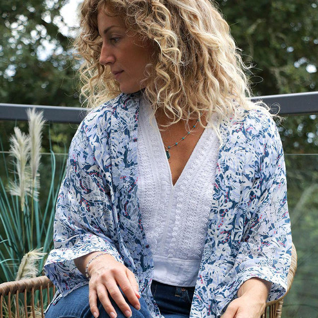 Blue Flowers and Birds Print Kimono