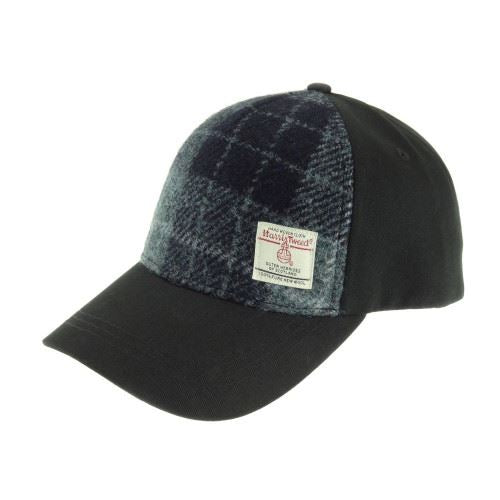 Baseball Cap with Harris Tweed in Grey & Black Tartan