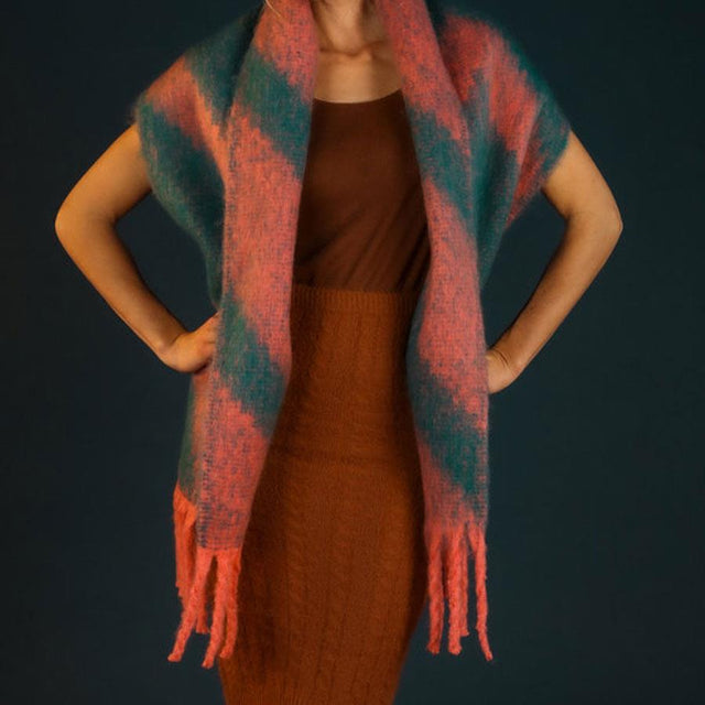Ciara Cosy Chevron Scarf in Coral and Teal