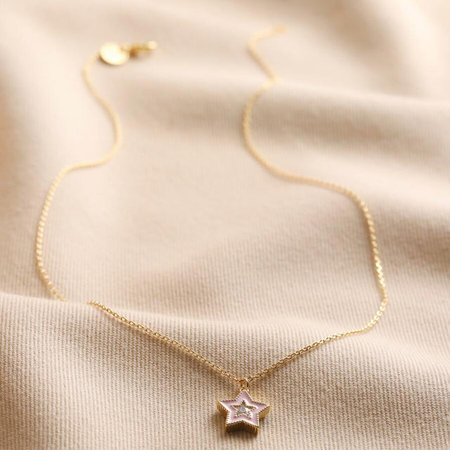 Pink Enamel and Crystal Star Necklace in Gold
