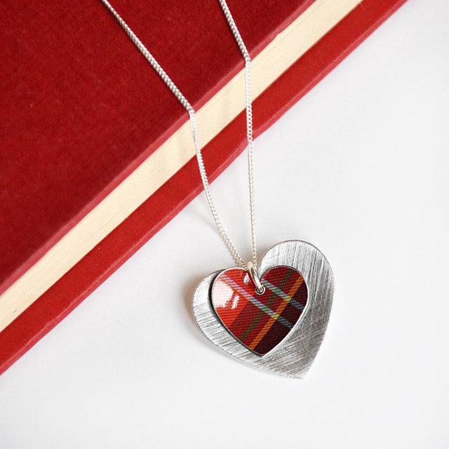 Red Tartan Double Heart Pendant Necklace