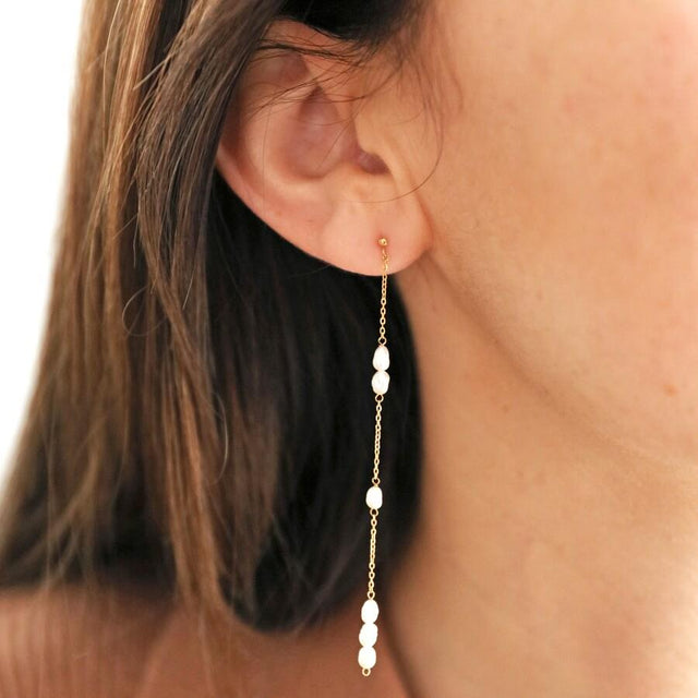 Stainless Steel Pearl Dangly Earrings in Gold