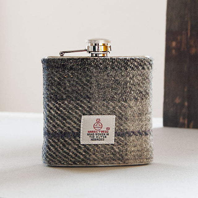 Black Grey Harris Tweed Hip Flask