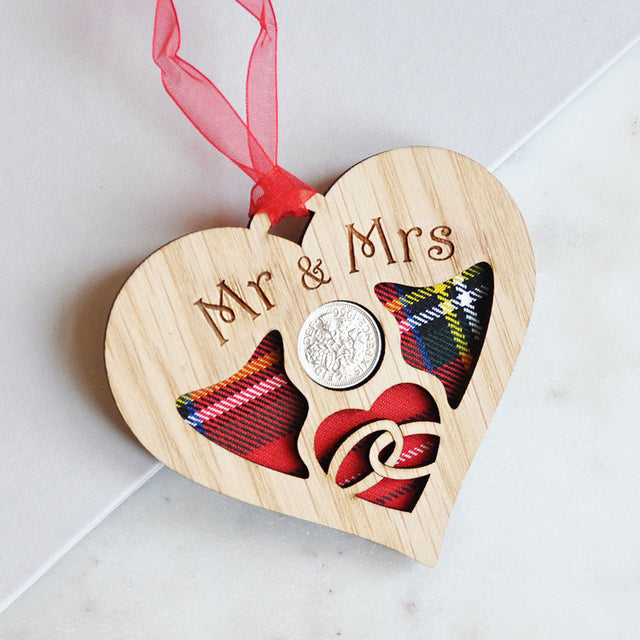 Mr & Mrs Wedding Heart Sixpence Hanging Decoration