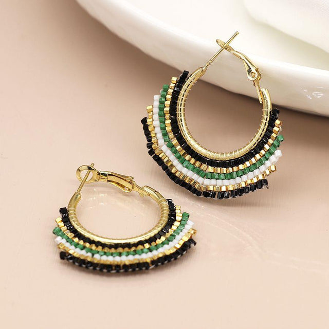 Pom Boutique Striped Beaded Hoop Earrings Close Up View