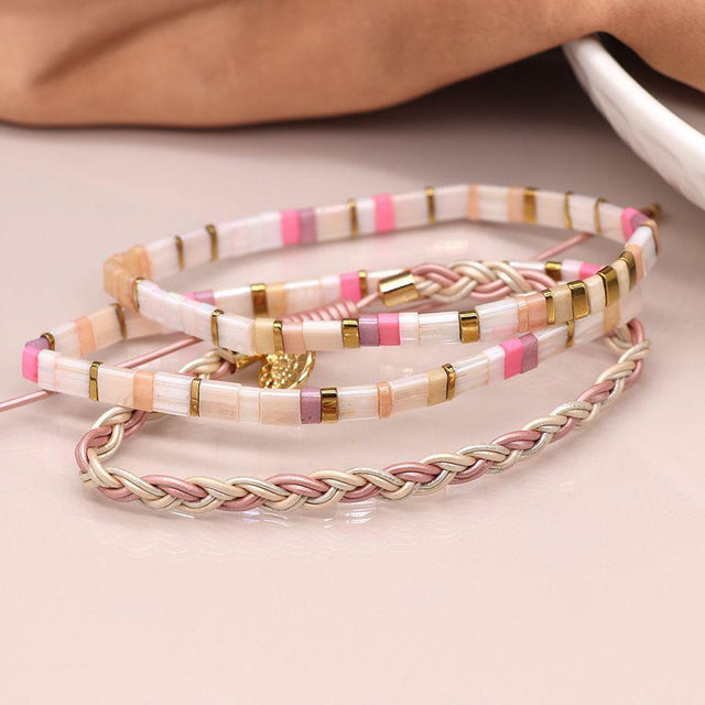 Gold and Pastel Pink Beaded and Plaited Leather Triple Bracelet Set