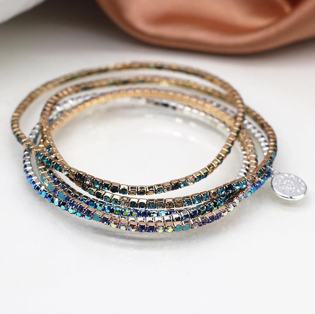 Silver and Faux Gold Blue Mix Crystal Five Bracelet Stack