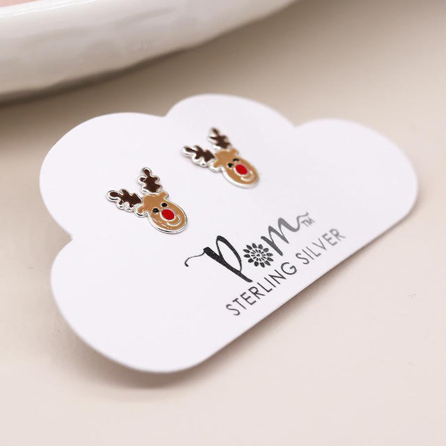 Silver and Enamel Christmas Rudolf Reindeer Mini Stud Earrings