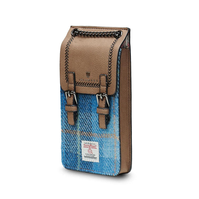 Harris Tweed Blue Tartan Phone Tote Bag Side Facing