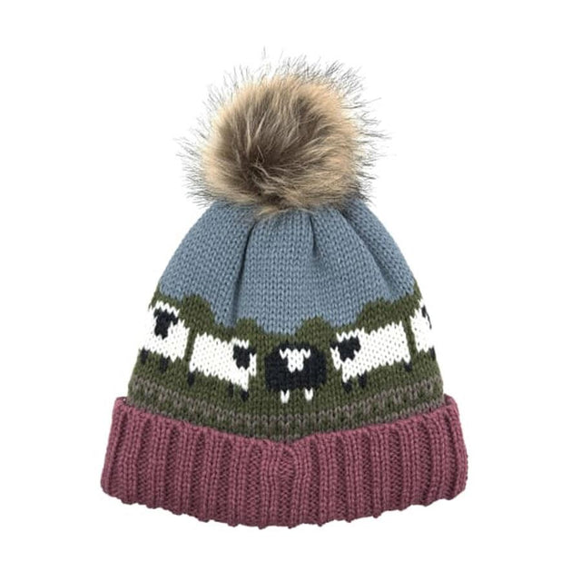 Pom Boutique Rose Pink, Green and Blue Aran Sheep Pom Pom Hat